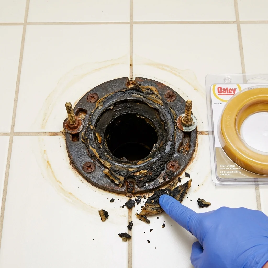 Failed wax ring showing water seepage at the base of a toilet in a Woodbridge, VA home