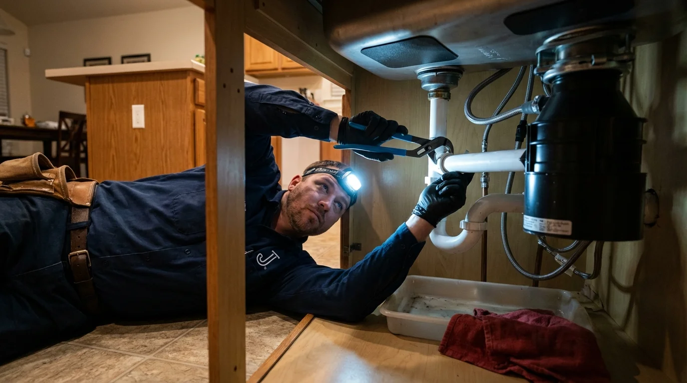P-trap and supply line connections under a kitchen sink showing a common leak point in Woodbridge, VA